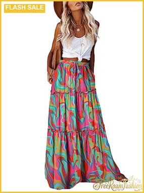 Womens Boho Maxi Skirt High Waist Tie Flowy Long Skirt with Pockets